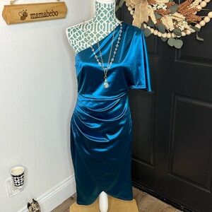 KATE KASIN teal single shoulder dress